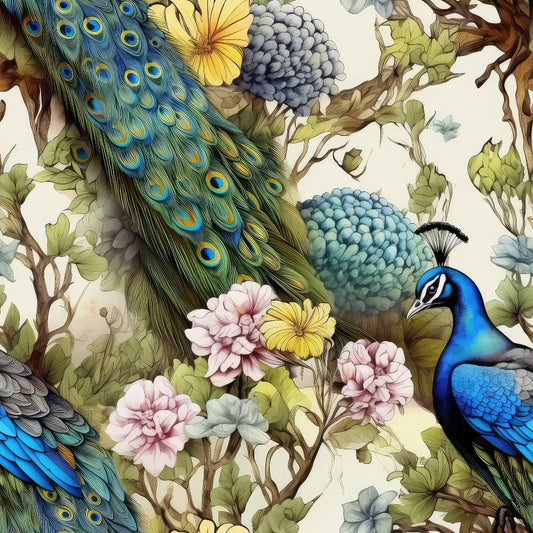 Watercolor Peacocks Pattern 4 Quilting Cotton Fabric
