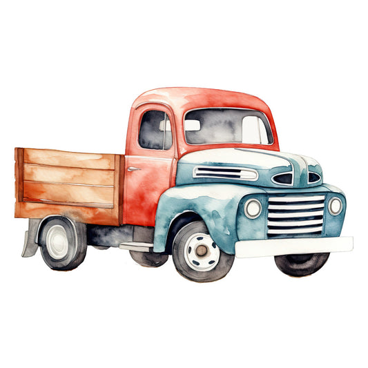 Watercolor Pickup Truck Fabric Panel featuring a vintage red and teal truck in soft watercolor style on premium quilting cotton