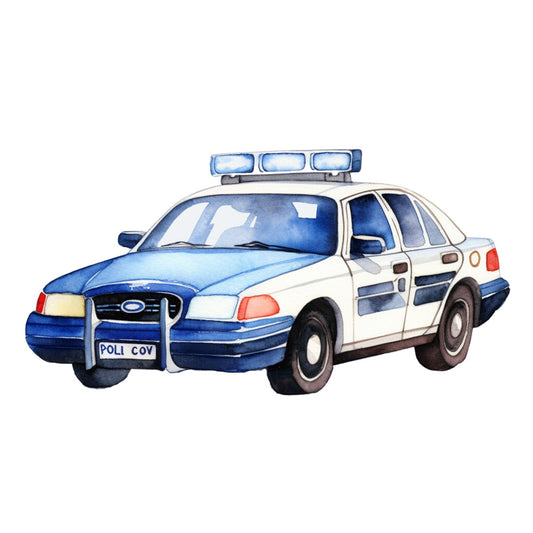 Watercolor Police Car Fabric Panel featuring a detailed blue and white police cruiser printed on premium quilting cotton fabric.