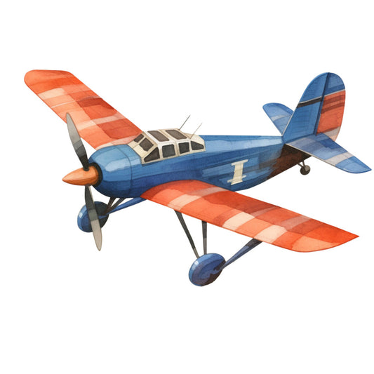 Watercolor Propeller Plane Fabric Panel featuring a detailed blue and orange vintage airplane design on premium quilting cotton.