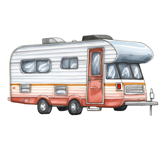 Watercolor RV Fabric Panel featuring a detailed hand-painted camper design on premium 100% quilting cotton fabric.