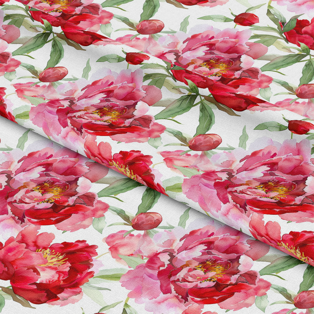Watercolor Red Peony Flowers Quilting Cotton Fabric