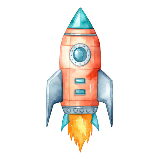 Watercolor Rocket Fabric Panel showing a hand-painted rocket with blue accents and orange flames on premium quilting cotton.