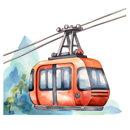Watercolor Ropeway Fabric Panel featuring a detailed orange cable car on premium quilting cotton with scenic background.