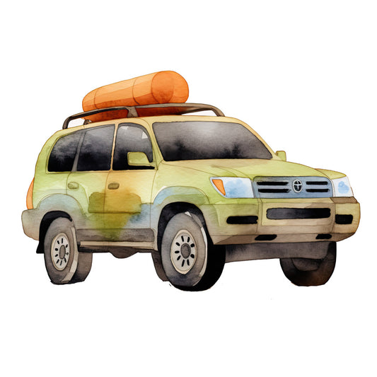 Watercolor SUV Fabric Panel depicting a detailed, artistic SUV with camping gear, printed on premium quilting cotton.