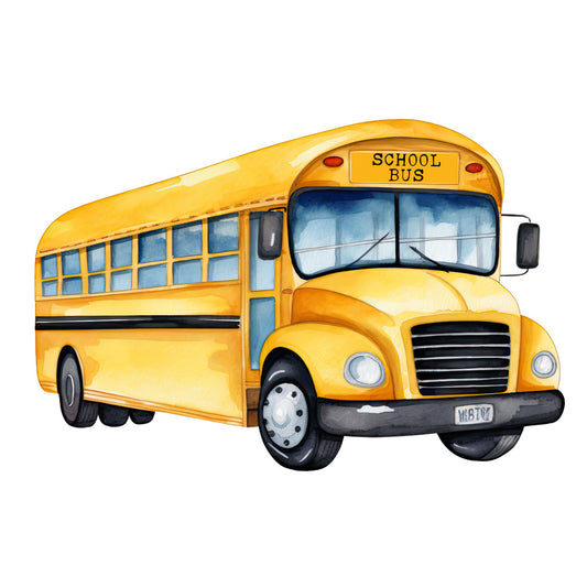 Watercolor School Bus Fabric Panel featuring a detailed yellow school bus printed on premium quilting cotton fabric.