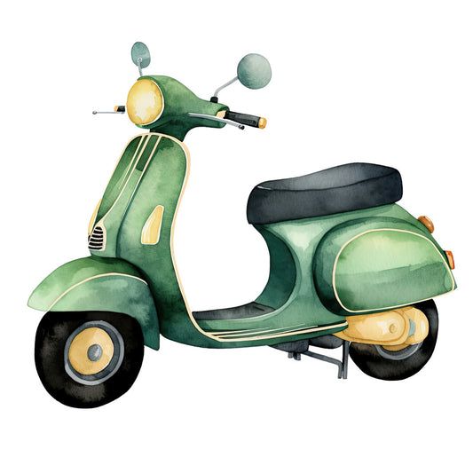 Watercolor Scooter Fabric Panel featuring a detailed green vintage scooter illustration on premium quilting cotton.