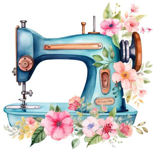 Watercolor Sewing Machines Fabric Panel 1 featuring a blue vintage sewing machine adorned with pink and peach floral accents.