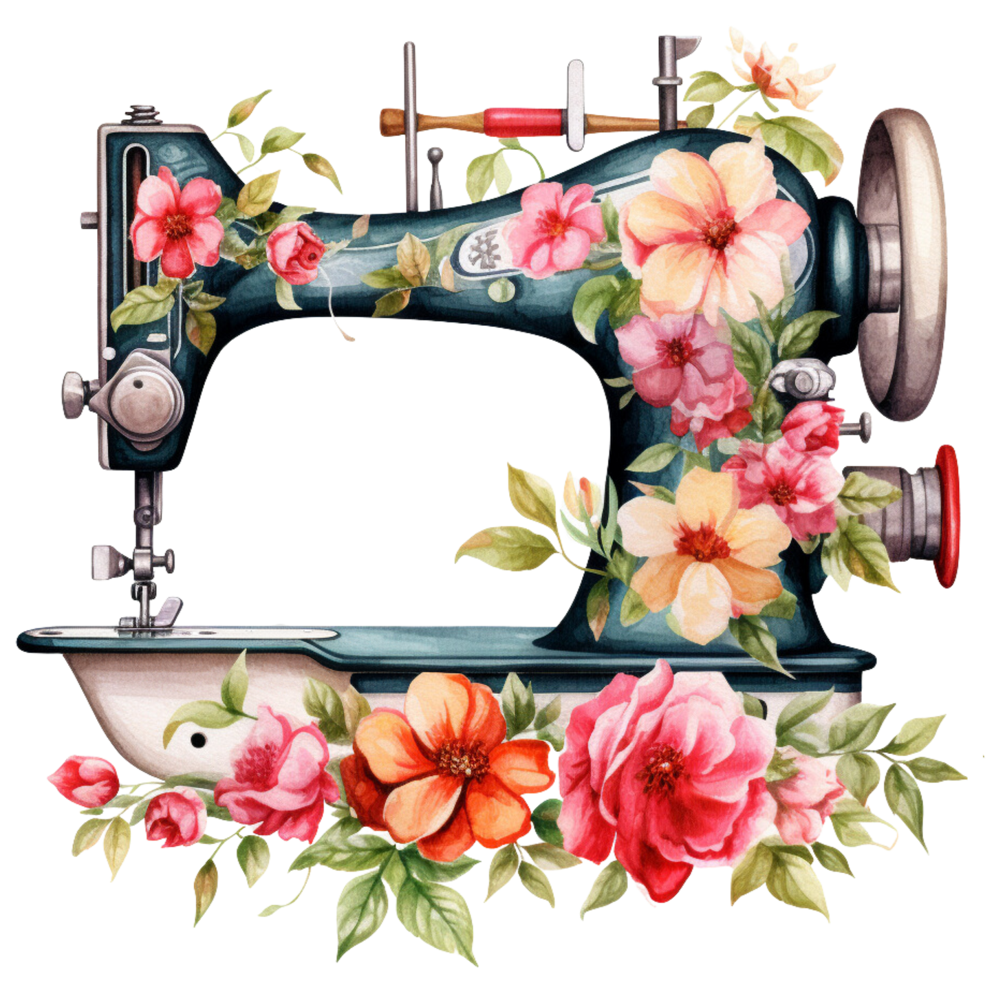 Watercolor Sewing Machines Fabric Panel 2 featuring a vintage sewing machine adorned with colorful floral designs on premium quilting cotton