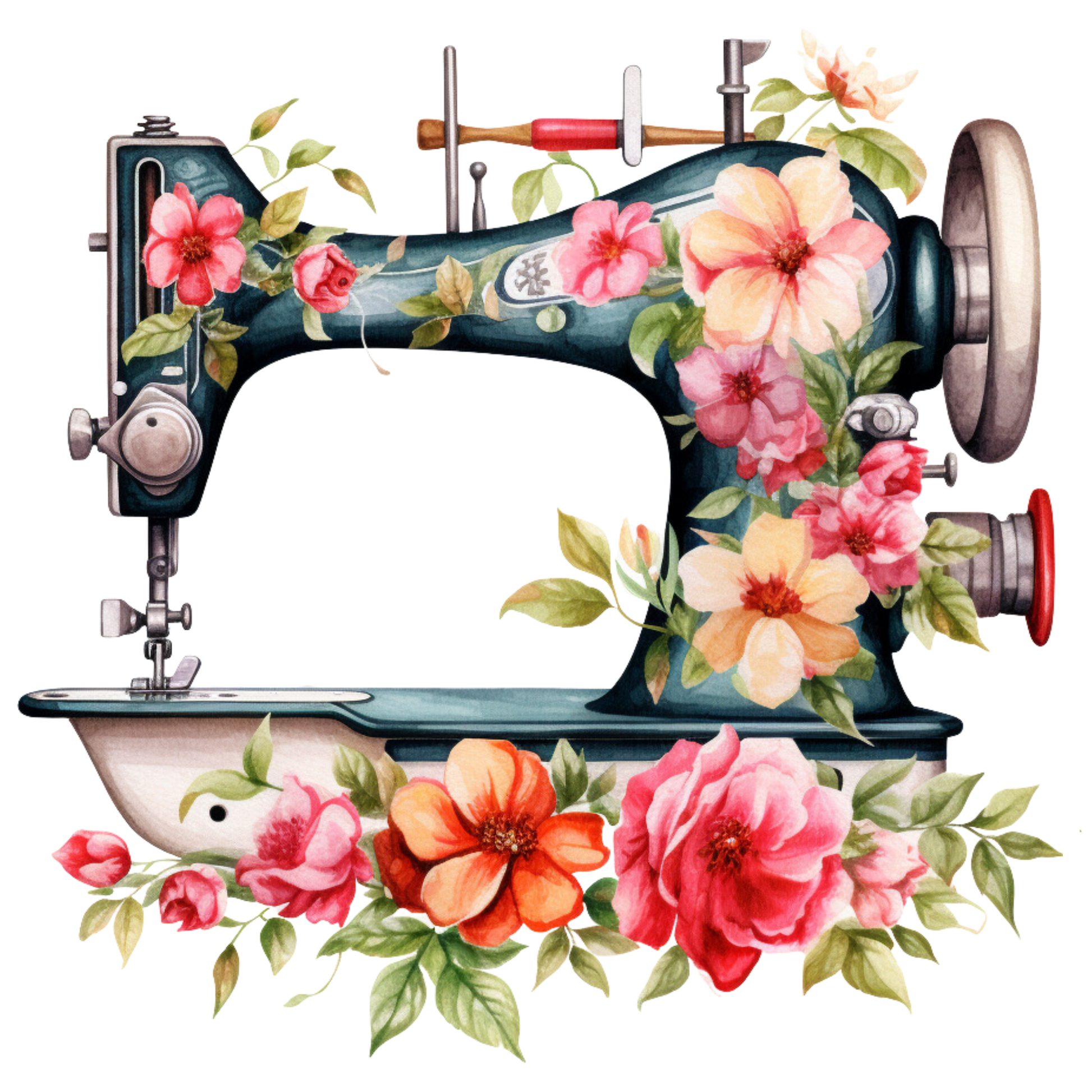 Watercolor Sewing Machines Fabric Panel 2 featuring a vintage sewing machine adorned with colorful floral designs on premium quilting cotton