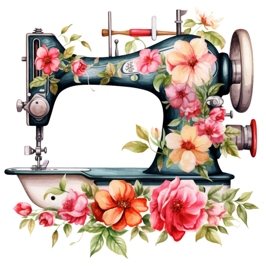 Watercolor Sewing Machines Fabric Panel 2 featuring a vintage sewing machine adorned with colorful floral designs on premium quilting cotton