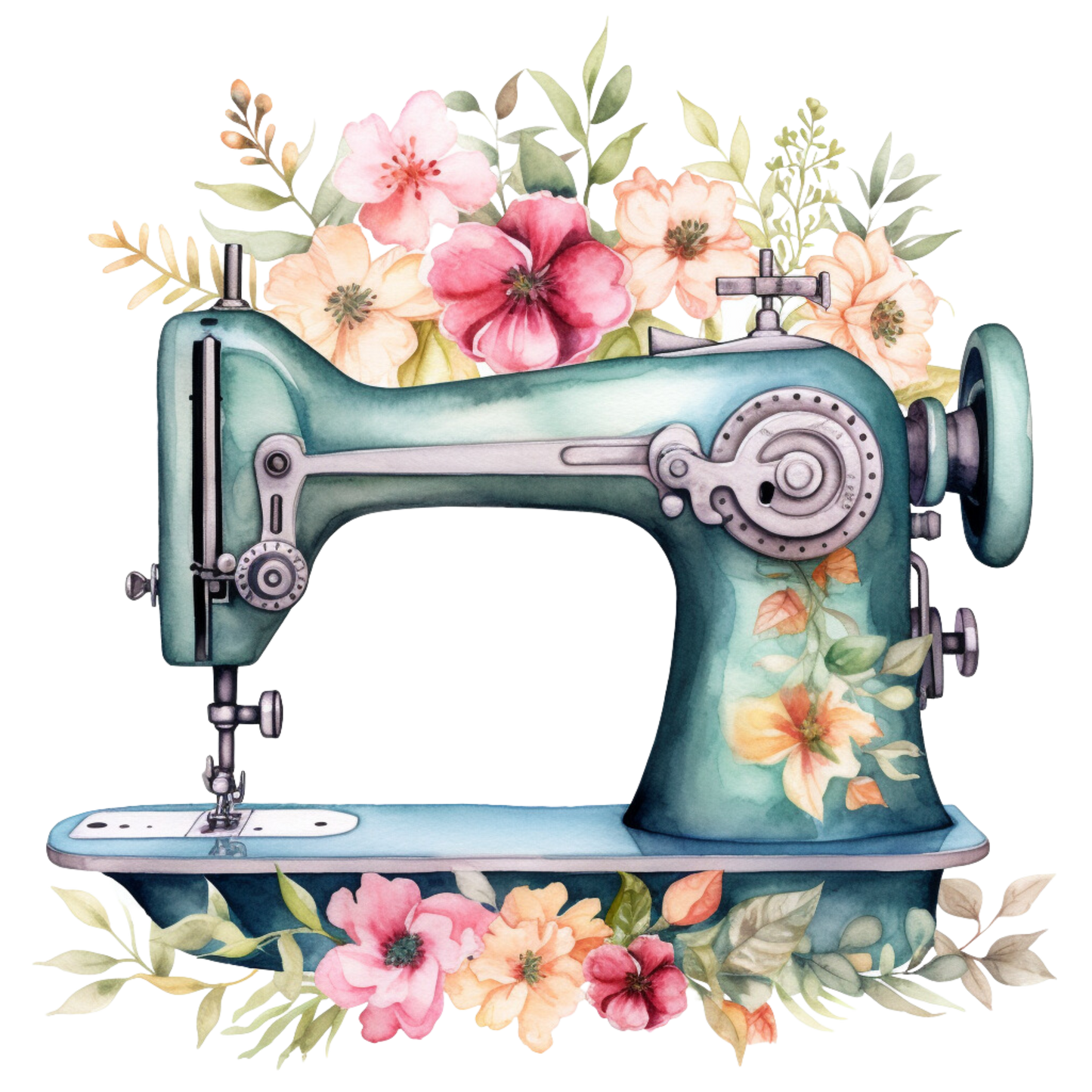 Watercolor Sewing Machines Fabric Panel 3 featuring a vintage sewing machine surrounded by colorful floral designs on premium fabric.