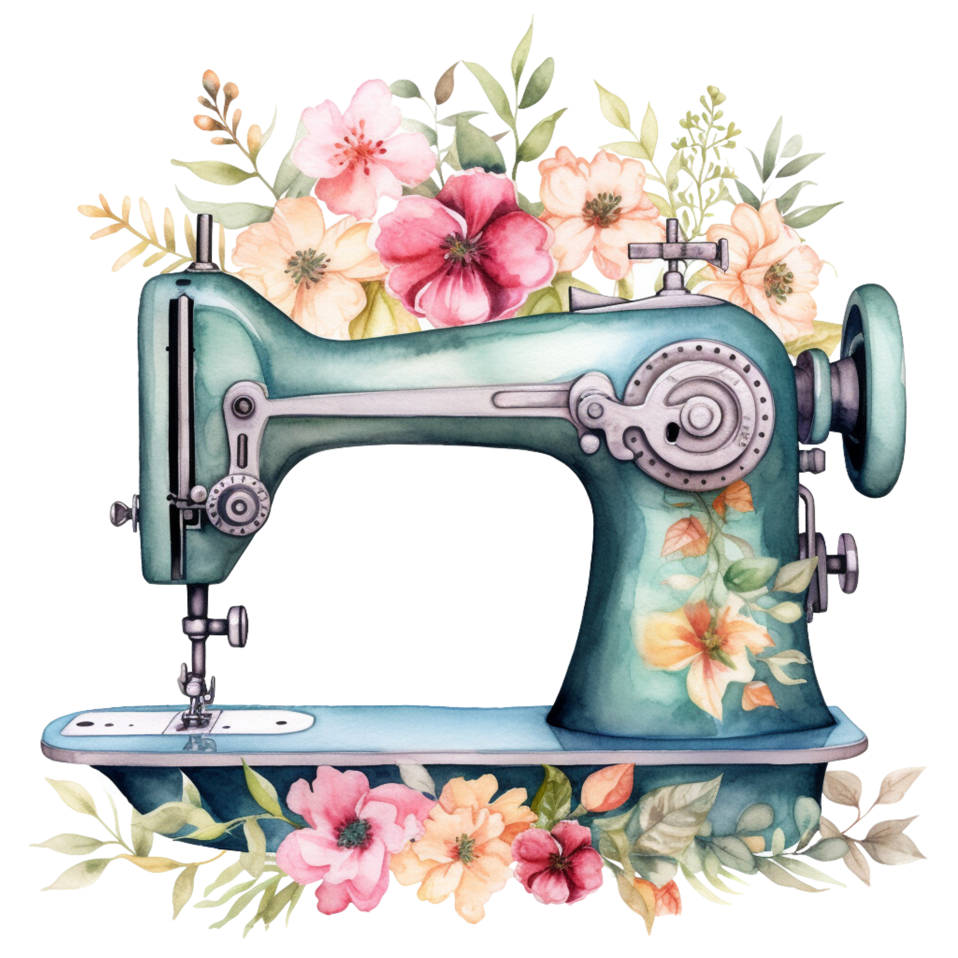 Watercolor Sewing Machines Fabric Panel 3 featuring a vintage sewing machine surrounded by colorful floral designs on premium fabric.