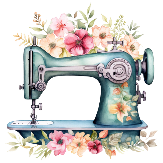 Watercolor Sewing Machines Fabric Panel 3 featuring a vintage sewing machine surrounded by colorful floral designs on premium fabric.