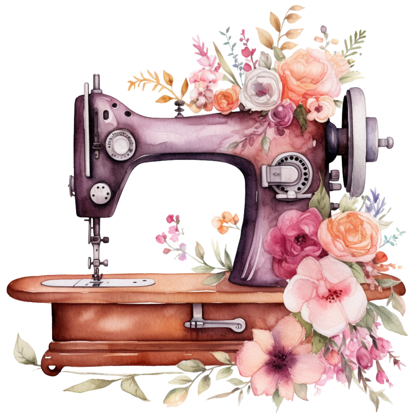 Watercolor Sewing Machines Fabric Panel 5 featuring a vintage purple sewing machine adorned with colorful delicate flowers in watercolor style.