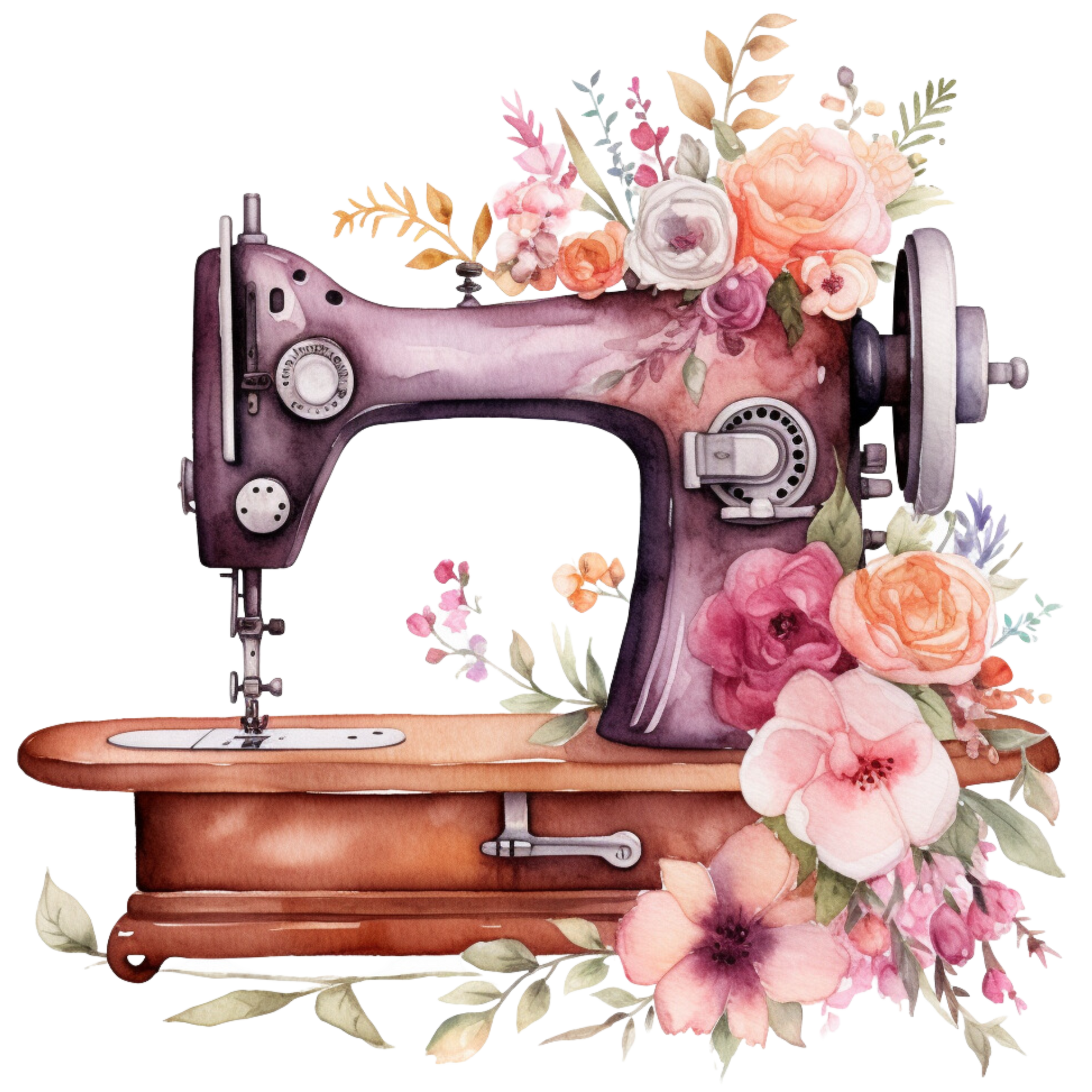 Watercolor Sewing Machines Fabric Panel 5 featuring a vintage purple sewing machine adorned with colorful delicate flowers in watercolor style.