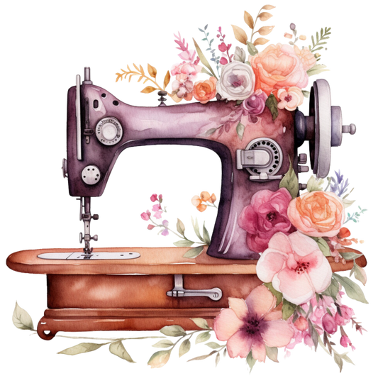 Watercolor Sewing Machines Fabric Panel 5 featuring a vintage purple sewing machine adorned with colorful delicate flowers in watercolor style.
