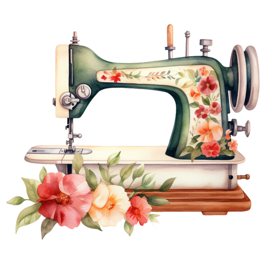 Watercolor Sewing Machines Fabric Panel 6 featuring a vintage sewing machine with floral watercolor designs on quilting cotton fabric.