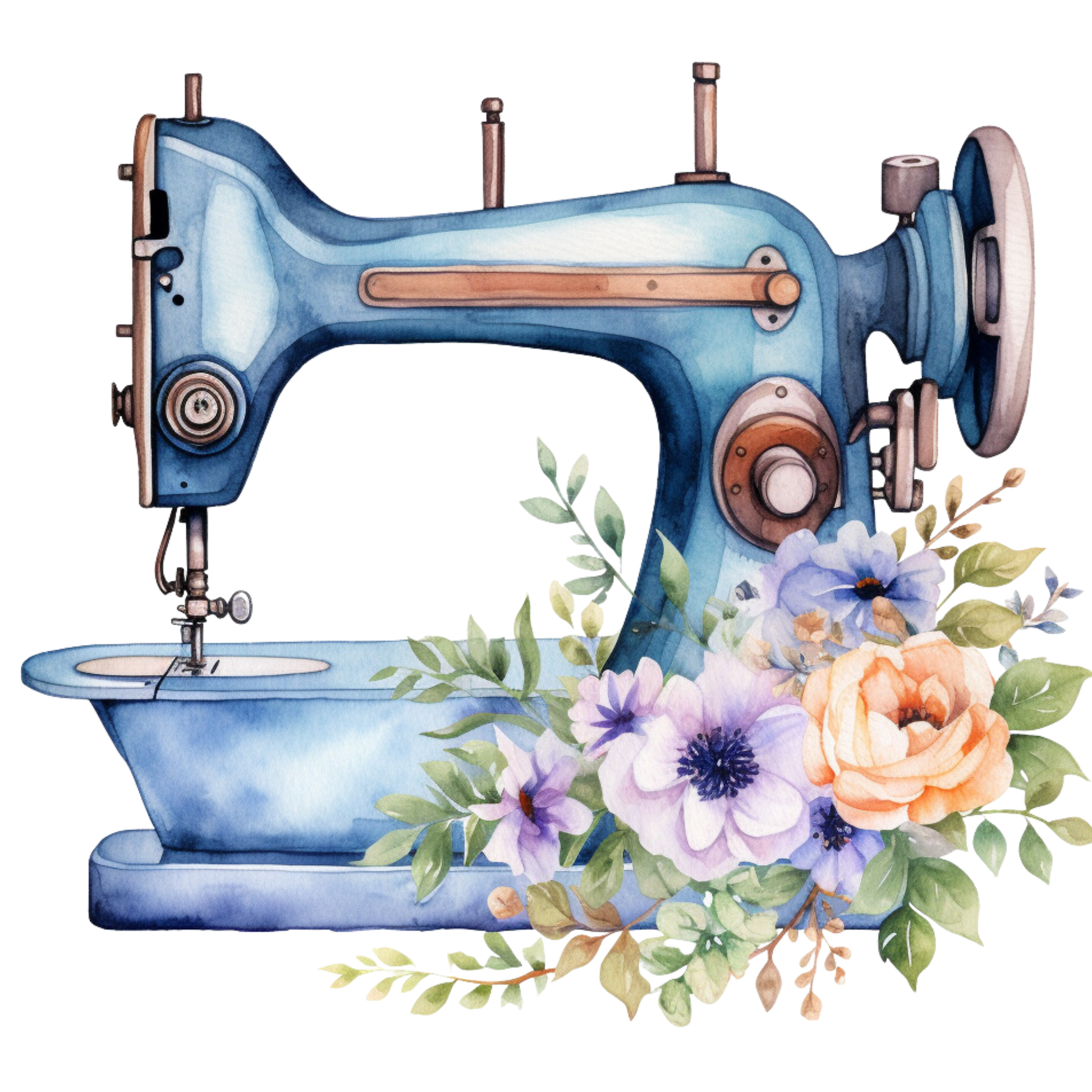 Watercolor Sewing Machines Fabric Panel 7 featuring a detailed blue vintage sewing machine with floral accents on premium quilting cotton.