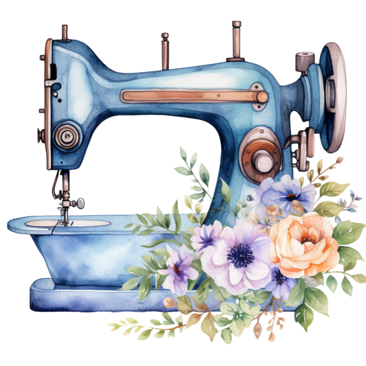 Watercolor Sewing Machines Fabric Panel 7 featuring a detailed blue vintage sewing machine with floral accents on premium quilting cotton.