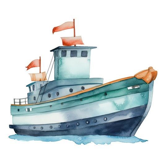 Watercolor Ship Fabric Panel featuring a detailed watercolor ship print on premium 100% quilting cotton fabric.