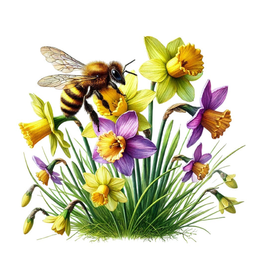 Watercolor Spring Bees Fabric Panel 1 featuring detailed bee on vibrant yellow and purple spring daffodils on cotton fabric.