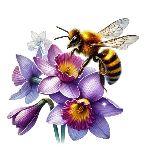 Watercolor Spring Bees Fabric Panel 10 featuring a detailed bee on vibrant purple and yellow daffodil flowers in premium quilting cotton print