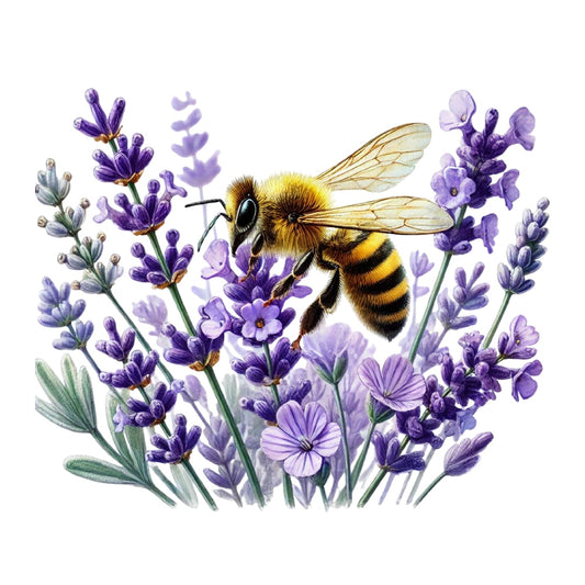 Watercolor Spring Bees Fabric Panel 11 features a detailed bee on vibrant lavender flowers in premium quilting cotton print.