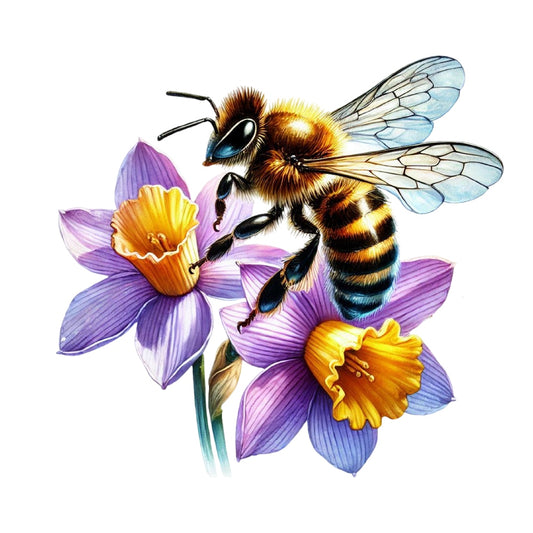 Watercolor Spring Bees Fabric Panel 12 featuring a detailed bee on vibrant purple and yellow spring flowers in premium quilting cotton.