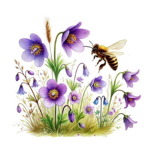 Watercolor Spring Bees Fabric Panel 13 featuring detailed bees and purple wildflowers on premium cotton quilting fabric.