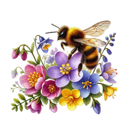 Watercolor Spring Bees Fabric Panel 14 with a detailed bee over vibrant spring flowers in premium quilting cotton print.