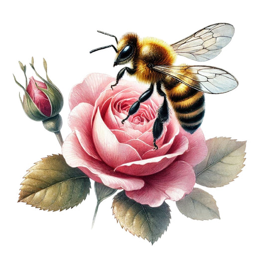 Watercolor Spring Bees Fabric Panel 15 featuring a detailed bee hovering over a pink rose with leaves on white background.