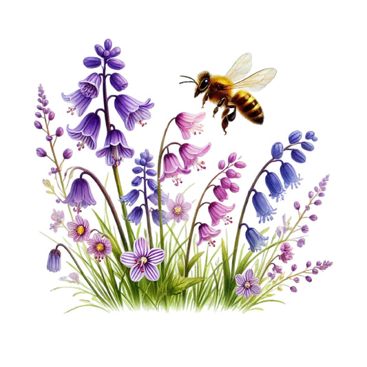 Watercolor Spring Bees Fabric Panel 16 featuring detailed bee and vibrant purple and pink spring flowers on white background.