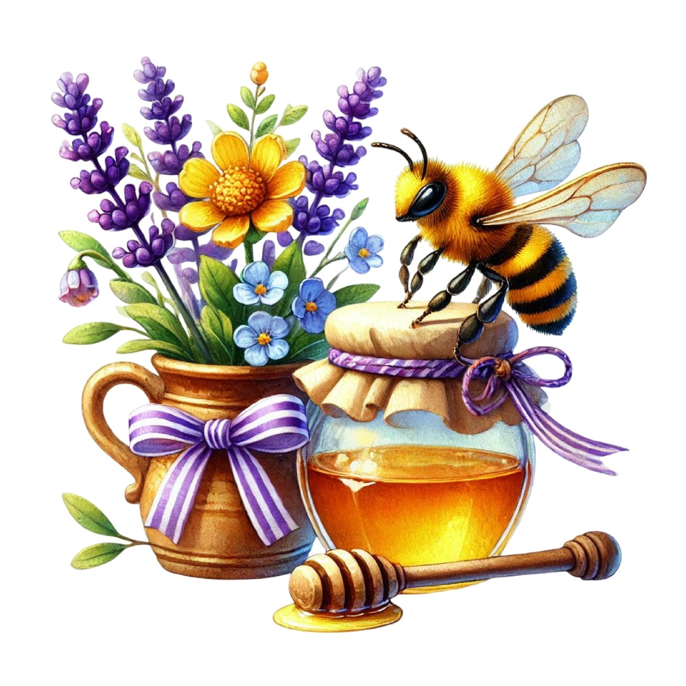Watercolor Spring Bees Fabric Panel 17 featuring a bee, honey jar with wooden dipper, and colorful spring flowers in a ribbon-adorned pot.