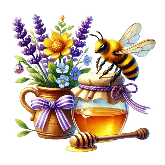 Watercolor Spring Bees Fabric Panel 17 featuring a bee, honey jar with wooden dipper, and colorful spring flowers in a ribbon-adorned pot.