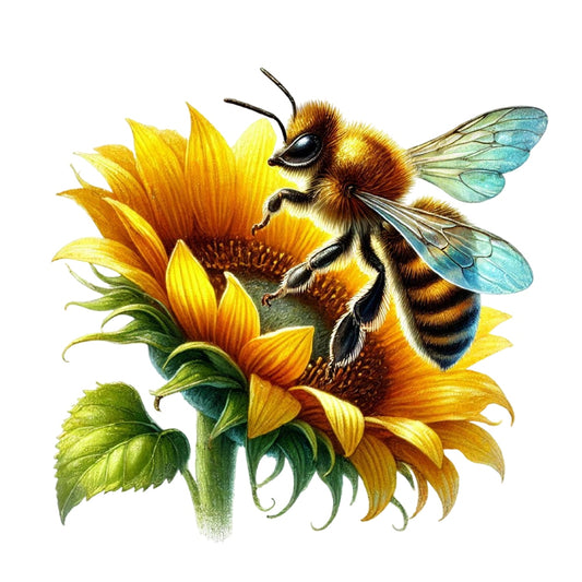 Watercolor Spring Bees Fabric Panel 18 featuring a detailed bee on vibrant sunflower, printed on premium quilting cotton in the USA.