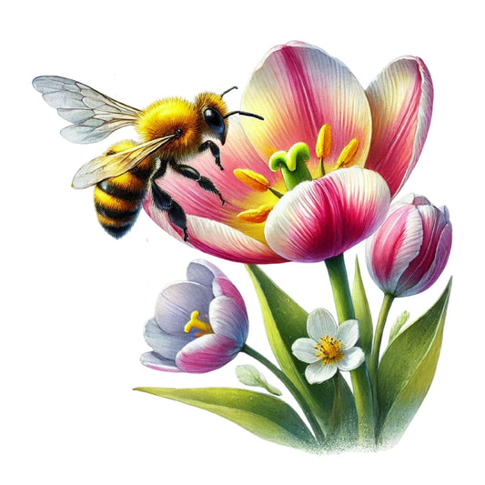 Watercolor Spring Bees Fabric Panel 19 featuring detailed bee on pink tulip and spring flowers printed on premium quilting cotton.