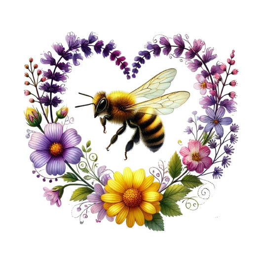 Watercolor Spring Bees Fabric Panel 2 featuring a detailed bee surrounded by a heart-shaped floral arrangement of colorful spring flowers.