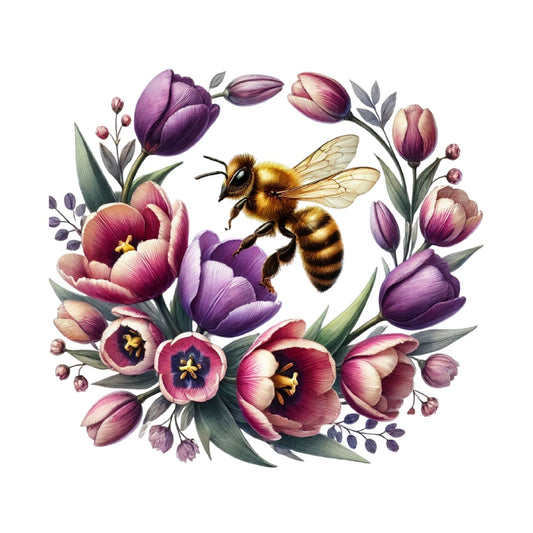 Watercolor Spring Bees Fabric Panel 20 featuring detailed bee and vibrant purple and pink tulip flowers in a circular arrangement.