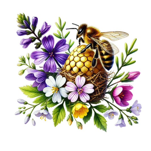 Watercolor Spring Bees Fabric Panel 21 featuring a vibrant bee on honeycomb with colorful spring flowers and green foliage.