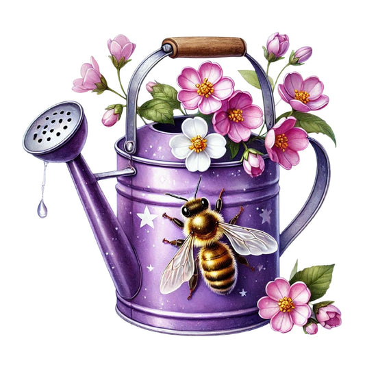 Watercolor Spring Bees Fabric Panel 22 with a purple watering can, blooming pink flowers, and a detailed honeybee illustration.