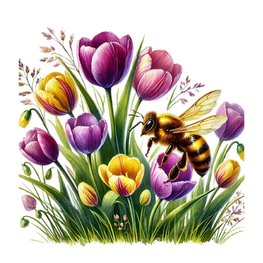 Watercolor Spring Bees Fabric Panel 23 featuring vibrant tulips and a detailed bee on 100% premium quilting cotton.