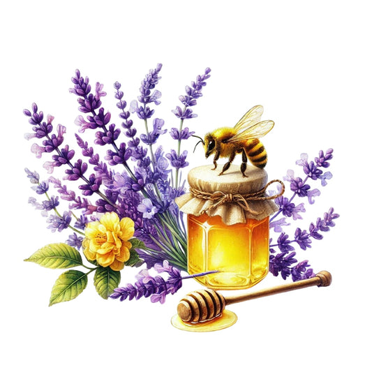 Watercolor Spring Bees Fabric Panel 24 featuring a bee on honey jar with lavender and yellow flowers in detailed watercolor style.