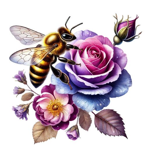 Watercolor Spring Bees Fabric Panel 25 featuring a detailed honeybee on vibrant pink and purple roses and buds.