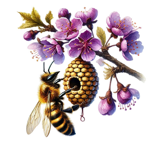Watercolor Spring Bees Fabric Panel 26 featuring detailed bee and honeycomb with vibrant pink blossoms on premium quilting cotton.