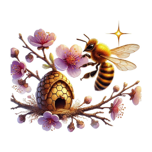 Watercolor Spring Bees Fabric Panel 27 featuring a detailed bee, honeycomb hive, and blooming spring flowers on branches.