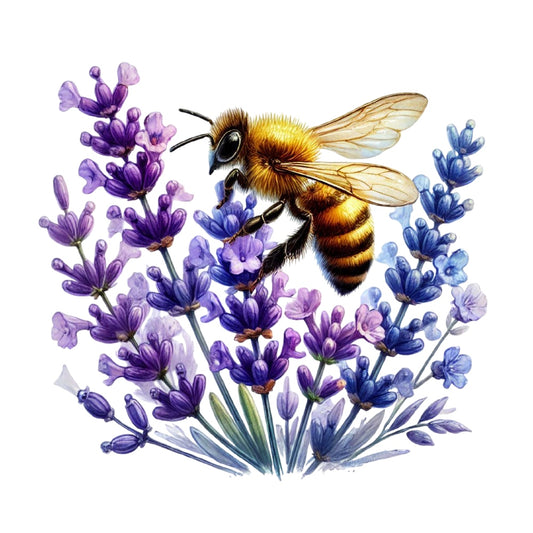 Watercolor Spring Bees Fabric Panel 28 featuring a detailed bee collecting nectar from vibrant purple and blue lavender flowers.