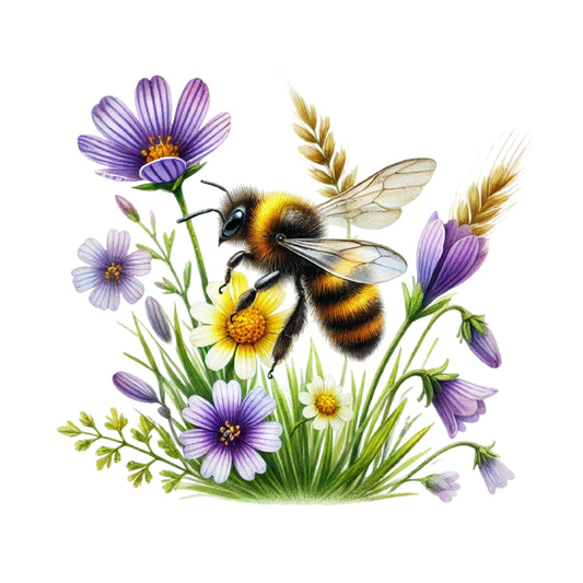 Watercolor Spring Bees Fabric Panel 29 with a detailed bee on purple and yellow flowers, printed on premium quilting cotton.