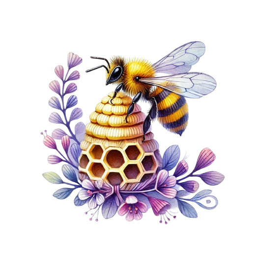 Watercolor Spring Bees Fabric Panel 3 features a detailed bee on a honeycomb surrounded by purple flowers in premium quilting cotton.