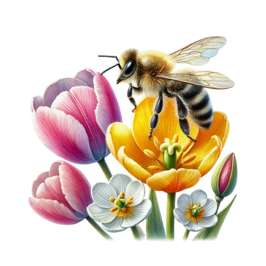 Watercolor Spring Bees Fabric Panel 30 featuring detailed bee on vibrant yellow and pink spring flowers printed on premium quilting cotton.